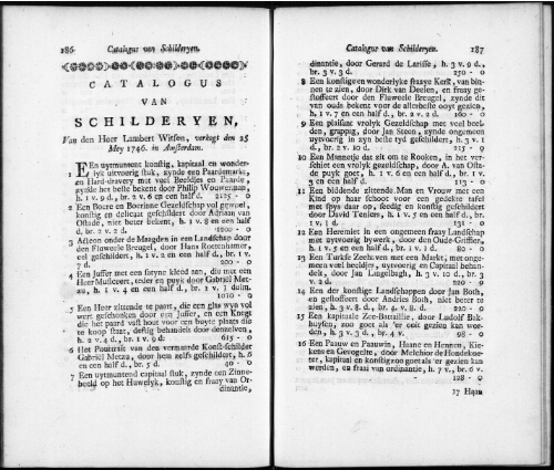 Catalogus van Schilderyen van den Heer Lambert Witsen [...] : [vente du 25 mai 1746]