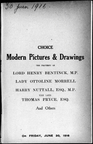 Catalogue of modern pictures and water colour drawings […] : [vente du 30 juin 1916]