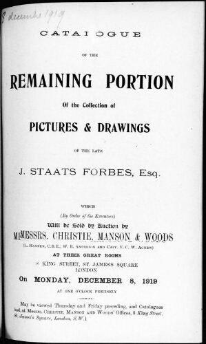 Catalogue of the remaining portion of the collection of pictures and drawings of the late J. Staats Forbes, esq. [...] : [vente du 8 décembre 1919]