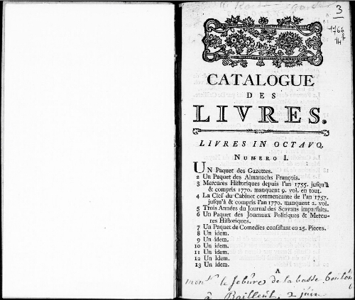 [Catalogue des livres avec une belle collection d'estampes, minéraux, pierres, animaux insectes... : vente du 23 avril 1771]