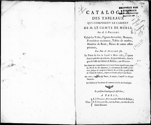 Catalogue des tableaux qui composent le Cabinet de M. le compte de Merle [...] : [vente du 1er mars 1784]