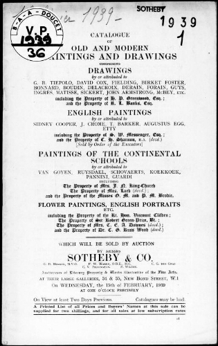 Catalogue of old and modern paintings and drawings […] : [vente du 15 février 1939]