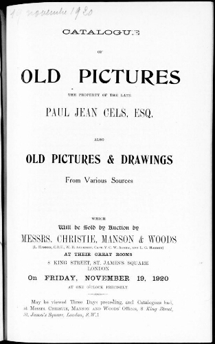 Catalogue of old pictures, the property of the late Paul Jean Cels [...] : [vente du 19 novembre 1920]