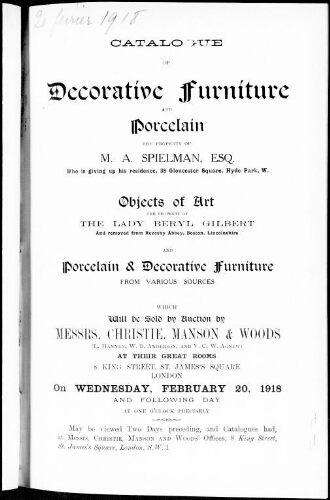 Catalogue of decorative furniture and porcelain […] : [vente du 20 février 1918]