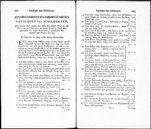 Catalogus van Schilderyen nagelaaten door wylen den Wel. Ed. Gestr. Heer en Mr. Elias van der Hoeven [...] : [vente du 20 juillet 1768]
