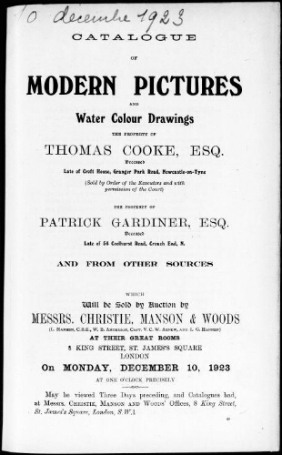 Catalogue of modern pictures and water colour drawings, the property of Thomas Cooke, Esq. [...] : [vente du 10 décembre 1923]