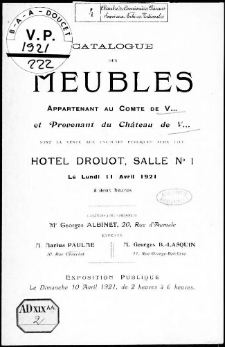 Catalogue des meubles appartenant au Comte de V... : [vente du 11 avril 1921]