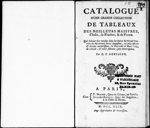 Catalogue d'une grande collection de tableaux des meilleurs maîtres d'Italie, de Flandres, et de France [...] : [vente du 26 mars 1749]