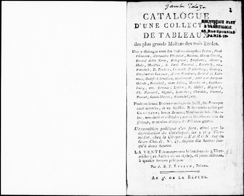 Catalogue d’une collection de tableaux des plus grands maîtres des trois écoles [...] : [vente du 21 juillet 1795]