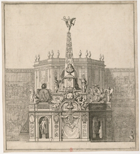 [Dessin d'une décoration montée dans la manufacture royale des Gobelins, à l'occasion de la naissance du duc de Bourgogne, Le 6 août 1682]
