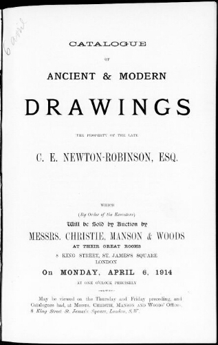Catalogue of ancient and modern drawings [...] : [vente du 6 avril 1914]