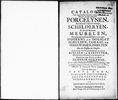 Catalogus van een heerlyk Cabinet [...] nagelaten door Wylen de Heer Hendrik Oortman [...] : [vente du 9 janvier 1749]