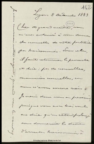 Lettre concernant un portrait que doit peindre Jean-Louis-Ernest Meissonier pour une exposition à Lyon, 8 décembre 1889