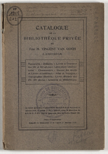 Catalogue de la bibliothèque privée de feu M. Vincent Van Gogh à Amsterdam [...] : [vente des 15 et 16 janvier 1918]