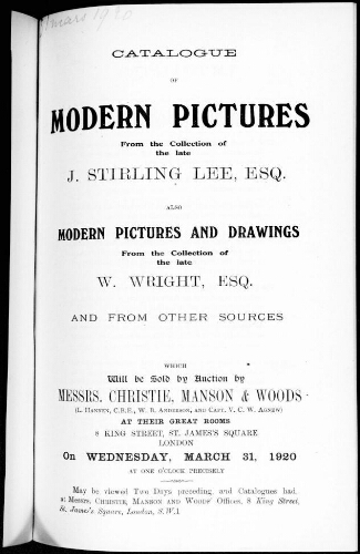 Catalogue of modern pictures [...] : [vente du 31 mars 1920]