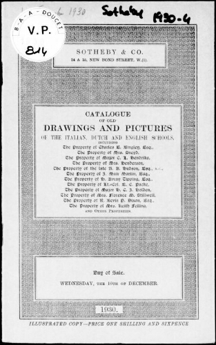 Catalogue of old drawings and pictures of the Italian, Dutch and English schools [...] : [vente du 10 décembre 1930]
