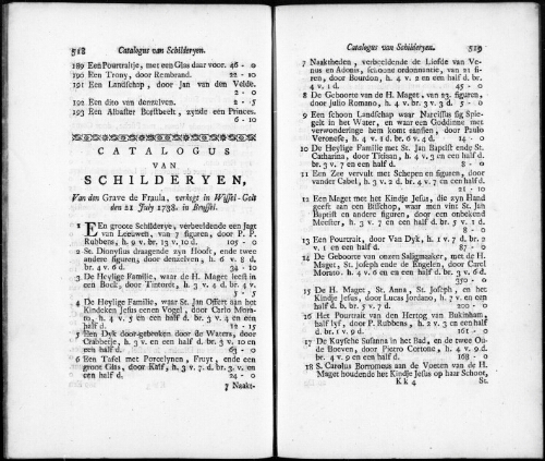 Catalogus van Schilderyen van den Grave de Fraula [...] : [vente du 21 juillet 1738]