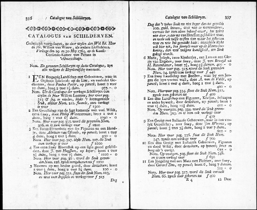 Catalogus van Schilderyen Gedeeltelyk naargelaaten, zo door wylen den Wel Ed. Heer en Mr. Willem van Wouw [...] : [vente du 29 mai 1764]