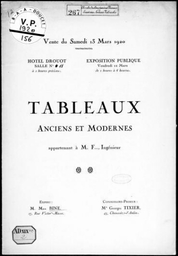 Tableaux anciens et modernes appartenant à M. F..., Ingénieur [...] : [vente du 13 mars 1920]