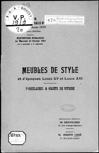 Catalogue des meubles et objets d'art provenant de divers amateurs [...] : [vente du 13 février 1919]