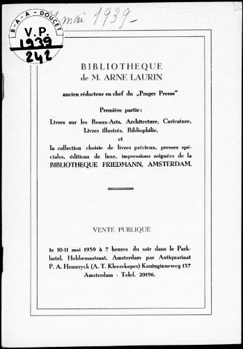 Bibliothèque de M. Arne Laurin, ancien rédacteur en chef du Prager Presse […] : [vente du 10 mai 1939]