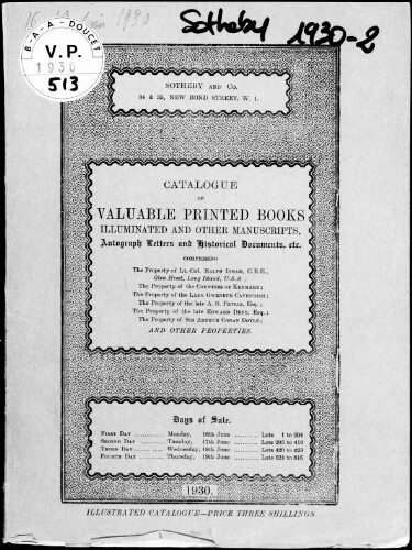 Catalogue of valuable printed books [...], the property of Sir Arthur Conan Doyle, and other properties : [vente du 16 au 19 juin 1930]