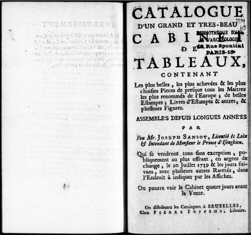 Catalogue d'un grand et très beau cabinet de tableaux [...] Mr. Joseph Sansot : [vente du 20 juillet 1739]