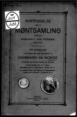 Fortegnelse over en montsamling tilhorende hvidgarver L. Chr. Petersen, Odense [...] : [vente du 4 mai 1914]