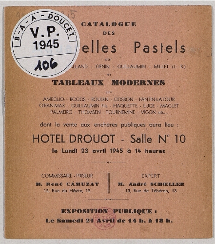 Catalogue des aquarelles, pastels [...] tableaux modernes [...] : [vente du 23 avril 1945]