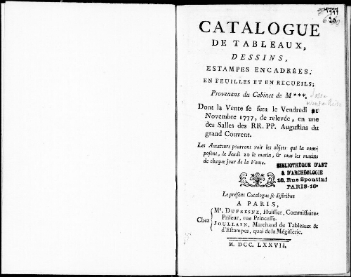 Catalogue de tableaux, dessins, estampes encadrées, en feuilles et en recueils [...] : [vente du 21 novembre 1777]
