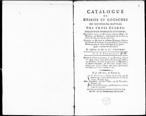 Catalogue de dessins et gouaches, de différents maîtres des trois écoles [...] : [vente du 1er août 1796]