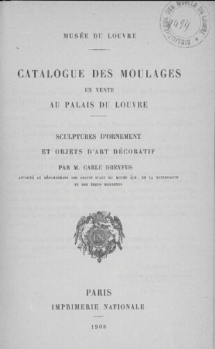 Catalogue des moulages en vente au Palais du Louvre : Sculptures d'ornement et objets d'art décoratif