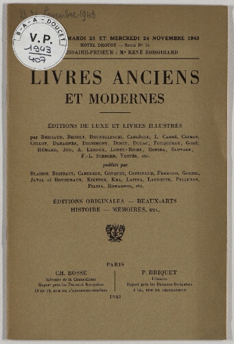 Livres anciens et modernes [...] : [vente des 23 et 24 novembre 1943]