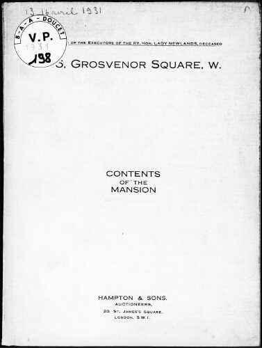 36, Grosvenor Square, W., contents of the mansion : [vente du 13 avril au 16 avril 1931]
