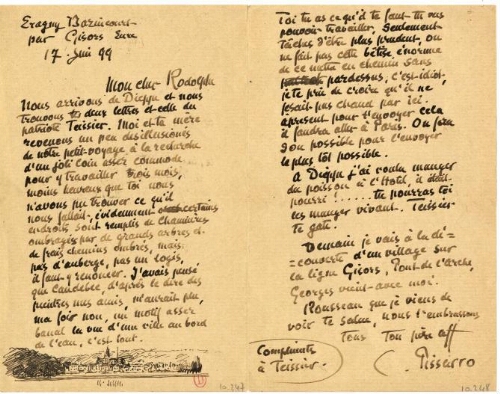Lettre autographe signée illustrée d'un dessin à l'encre de Camille Pissarro à Ludovic Rodo Pissarro, 17 juin 1899
