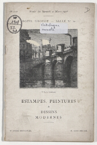 Catalogue des estampes, peintures et dessins modernes […] : [vente du 9 mars 1918]