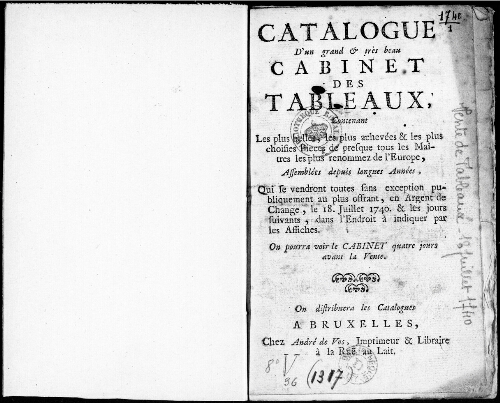 Catalogue d'un grand et très beau cabinet des tableaux [...] : [vente du 18 juillet 1740]