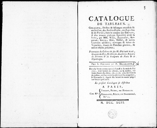 Catalogue de tableaux, gouaches, dessins et estampes encadrés et en feuilles [...] : [vente du 7 mai 1792]