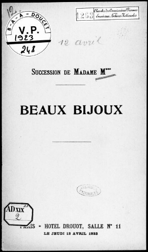 Succession de Madame M. Beaux Bijoux : [vente du 12 avril 1923]