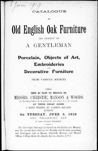 Catalogue of old English oak furniture [...] : [vente du 3 juin 1919]