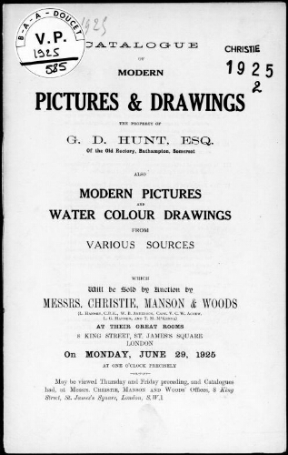 Catalogue of modern pictures and drawings, the property of G. D. Hunt, Esq. [...] : [vente du 29 juin 1925]