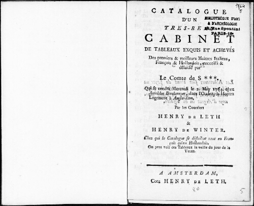 Catalogue d'un très-beau cabinet de tableaux exquis et achevés des premiers et meilleurs maîtres italiens, français, et hollandais [...] : [vente du 2 mai 1764]