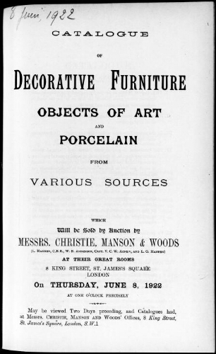 Catalogue of decorative furniture, objects of art and porcelain, from various sources [...] : [vente du 8 juin 1922]
