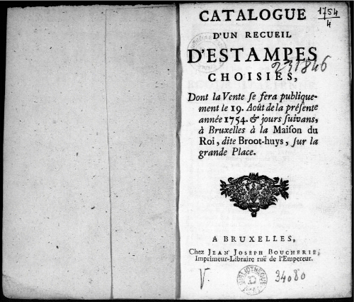 Catalogue d'un recueil d'estampes choisies [...] : [vente du 19 août 1754]