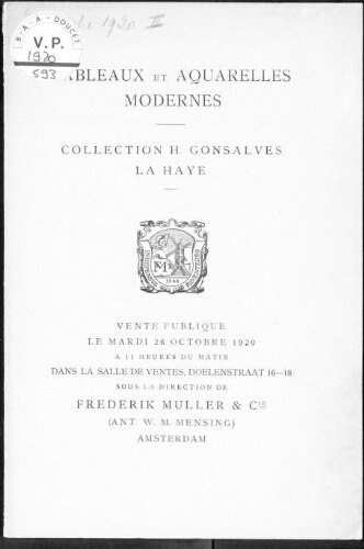 Tableaux et aquarelles modernes. Collection H. Gonsalves, La Haye : [vente du 26 octobre 1920]