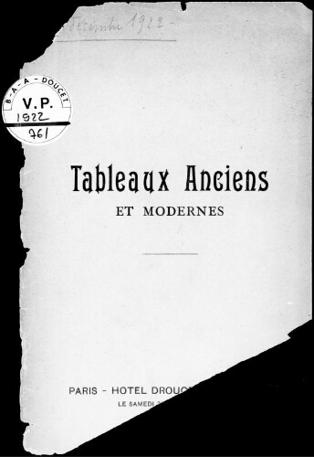Tableaux anciens et modernes : [vente du 30 décembre 1922]