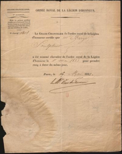 Nomination au grade de chevalier de la Légion d’honneur, 16 mai 1833