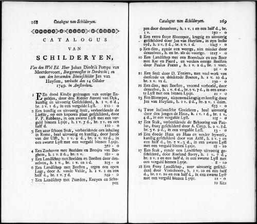Catalogus van Schilderyen van den Wel Ed. Heer Johan Diedrik Pompe van Meerdervoort [...] : [vente du 14 octobre 1749]