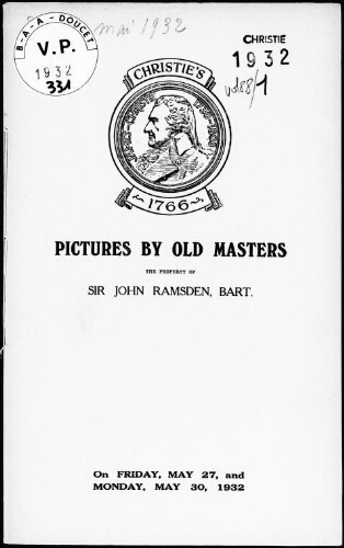 Pictures by old masters, the property of Sir John Ramsden, Baronet : [vente des 27 et 30 mai 1932]