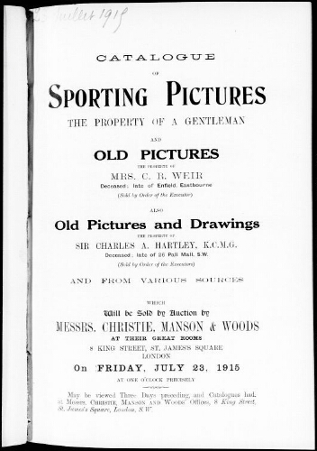 Catalogue of sporting pictures […] : [vente du 23 juillet 1915]